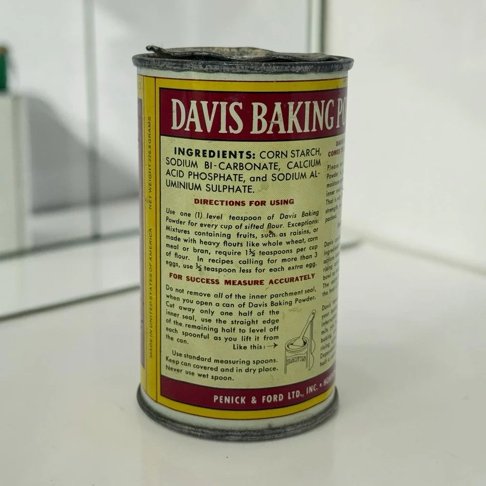 VTG 1950s Davis OK Baking Powder 8 Oz Full Tin Penick Ford Hoboken NJ Advertisin